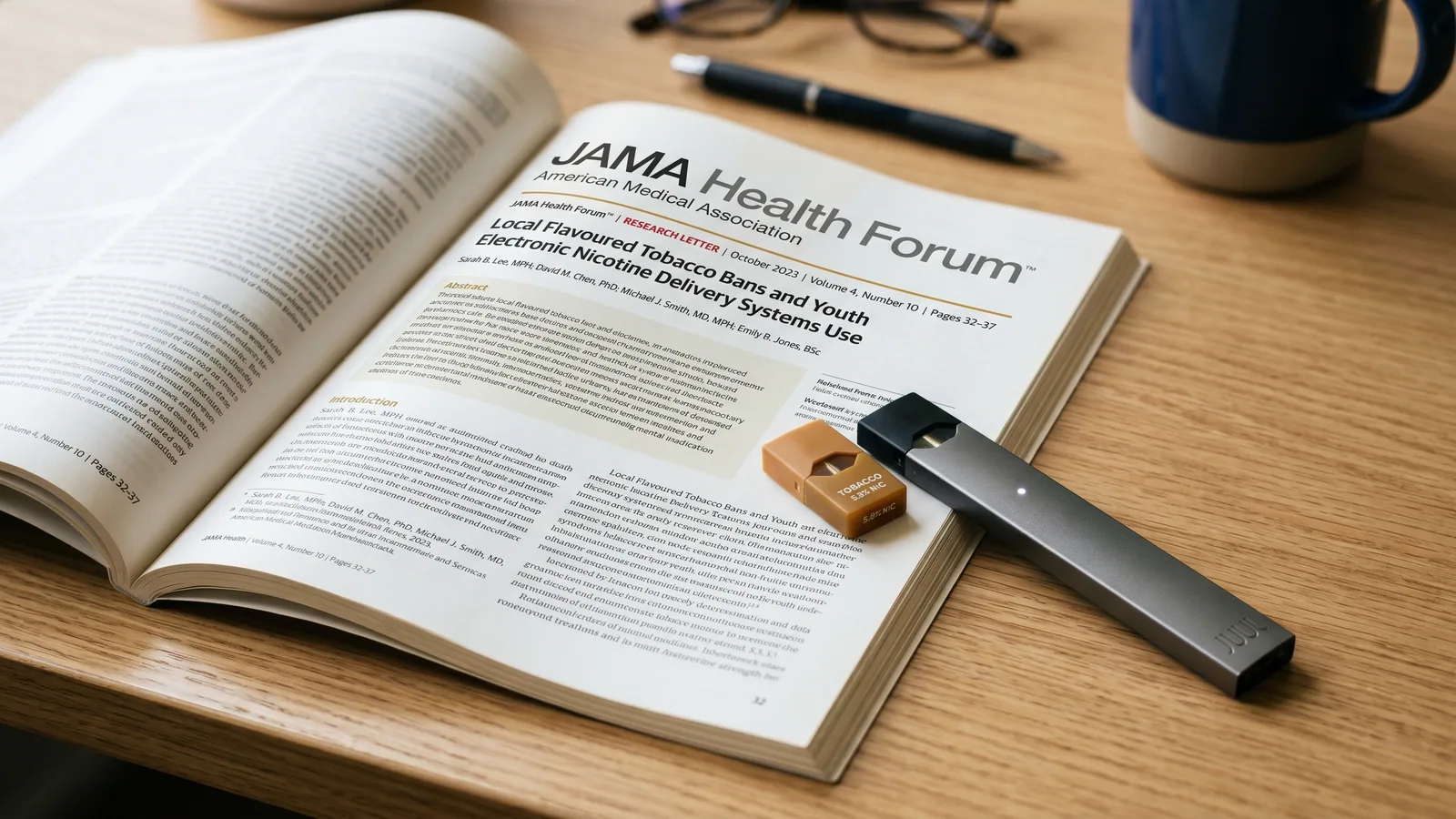 An open JAMA Health research paper on vaping flavor bans next to a vape device with a tobacco pod, styled in a clean studio setting.