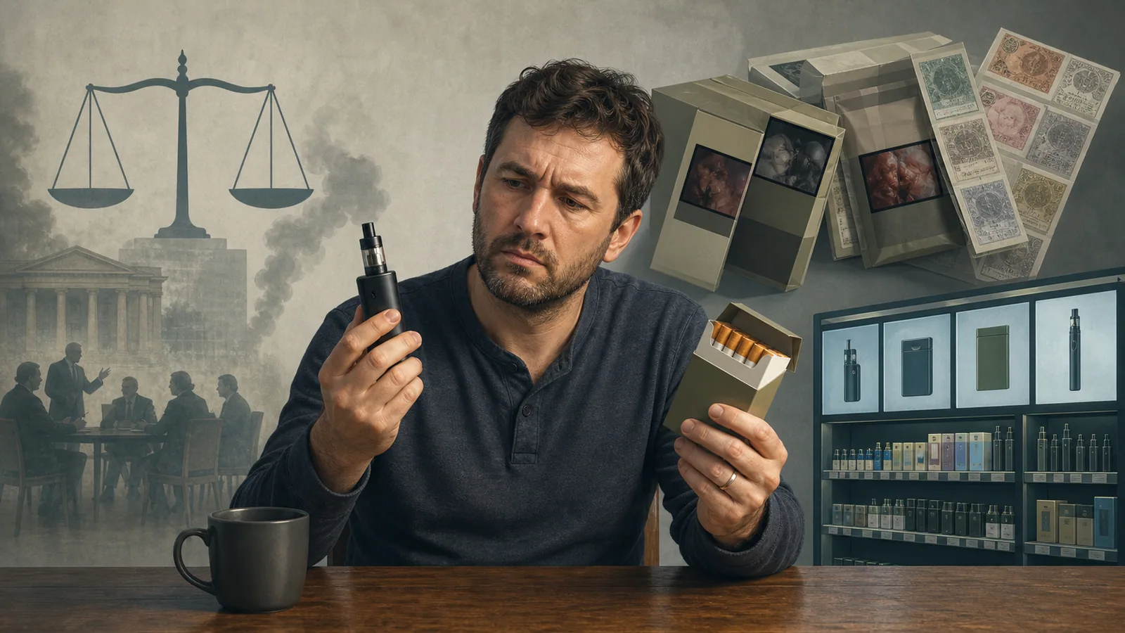 A smoker compares a vape device with cigarettes amid policy symbols.