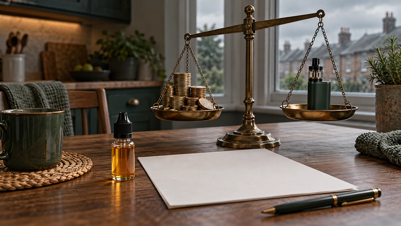 Balance scale with coins and an unbranded vape beside a blank policy document.