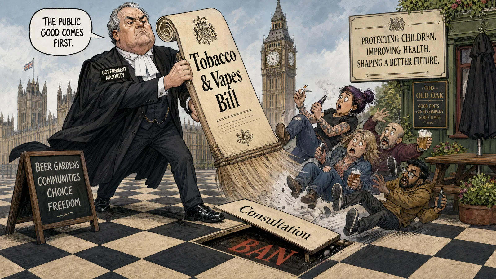 A satirical cartoon depicting a government figure using the new Tobacco and Vapes Bill to sweep away adult consumers of tobacco, vapes, and pub patrons.