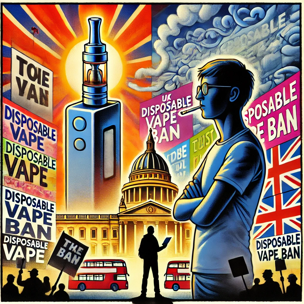 Illustration of a concerned citizen with a vape and a government building backdrop, highlighting vape ban controversy.