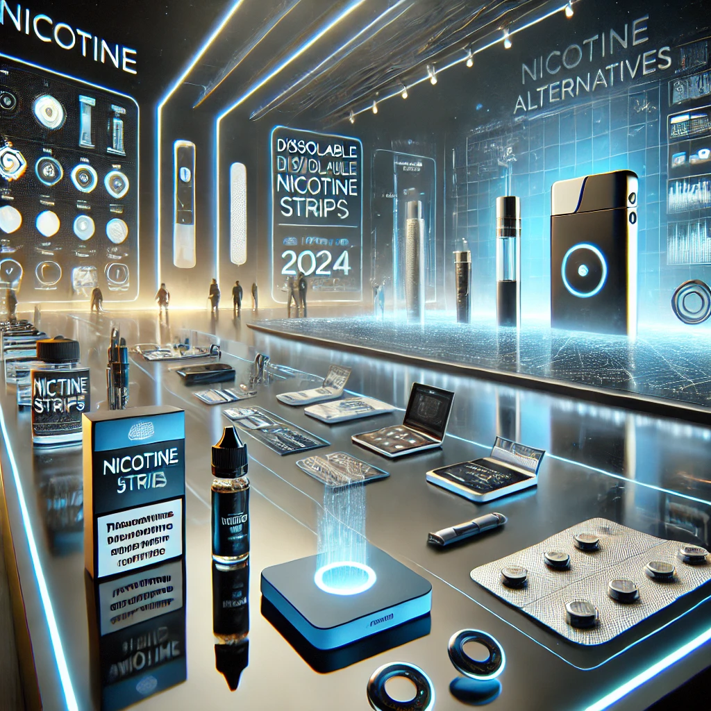 A futuristic illustration highlighting nicotine alternatives like dissolvable strips and innovative packaging at The Vaper Expo 2024, with a focus on cutting-edge design and technology.