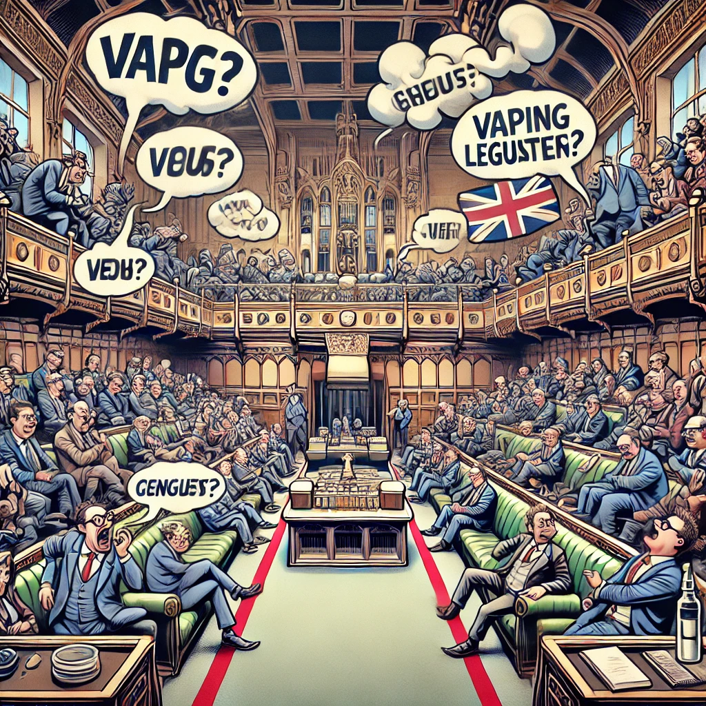 A chaotic British parliamentary debate on vaping legislation, with animated speech bubbles.
