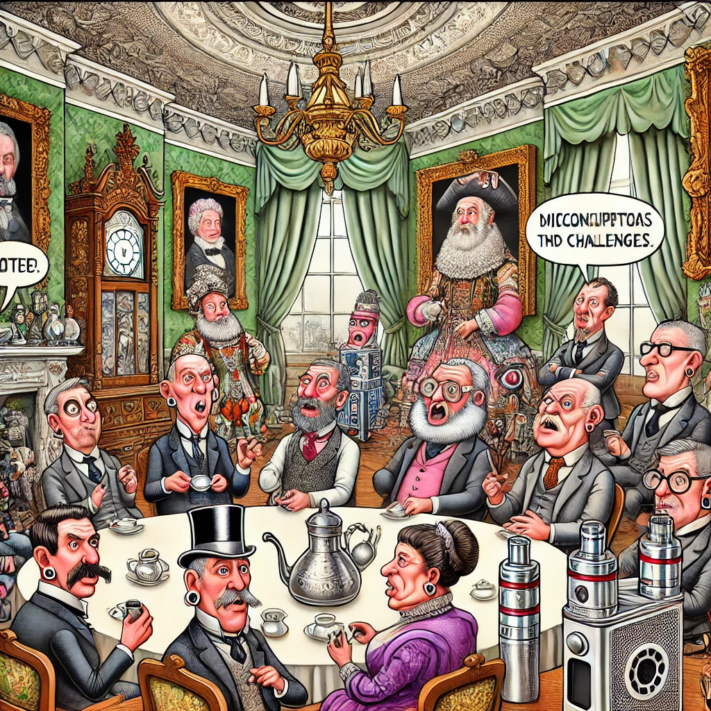 Square aspect ratio, a satirical cartoon of a group of MPs in a grandiose Victorian-style tea room, their expressions ranging from bewildered to comical, surrounded by teapots and historical vape items, as they discuss misconceptions and challenges of new vaping policies.