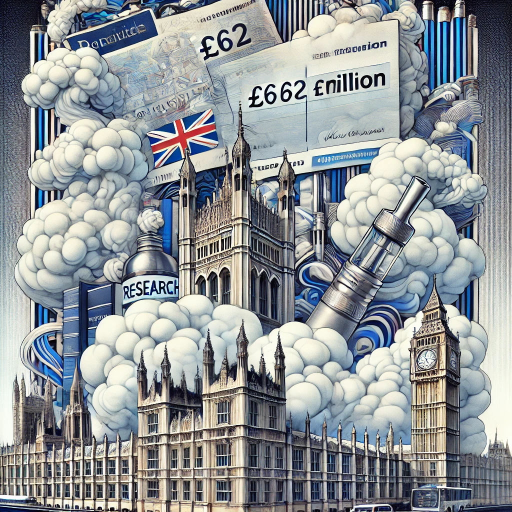 British government architecture amidst vape clouds with research themes.