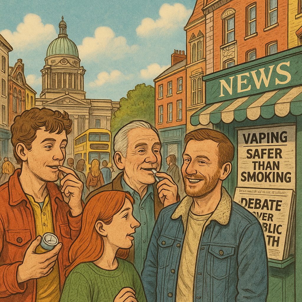 A busy Dublin street with people discussing nicotine pouches and harm reduction, framed by classic Irish buildings.